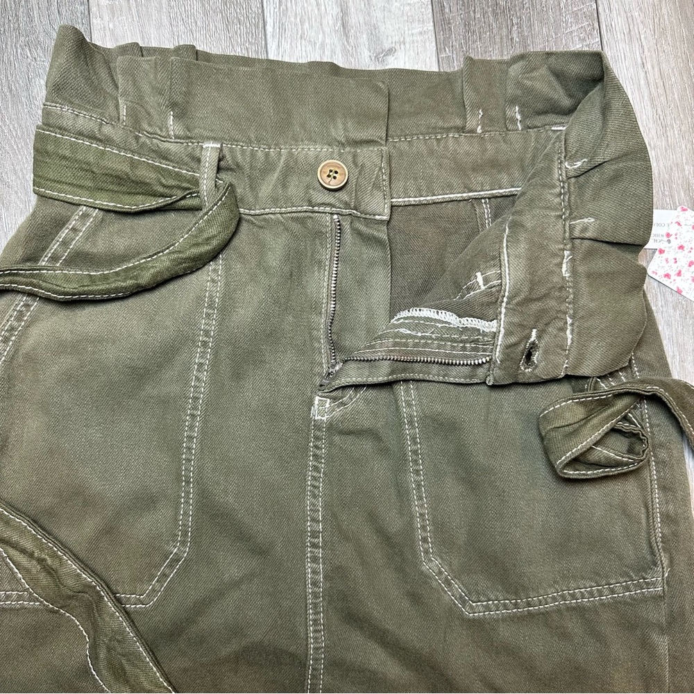 Free People Army Olive Green Paperbag Waist Belt Tie Boho Mini Skirt Pockets - Picture 10 of 11